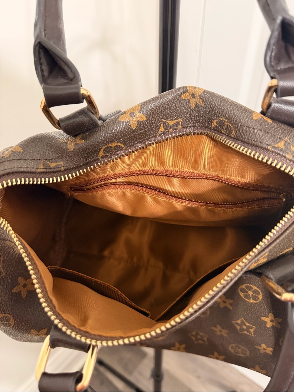 Brown Monogram-Style Top-Handle Satchel with Adjustable Strap - Picture 3 of 6
